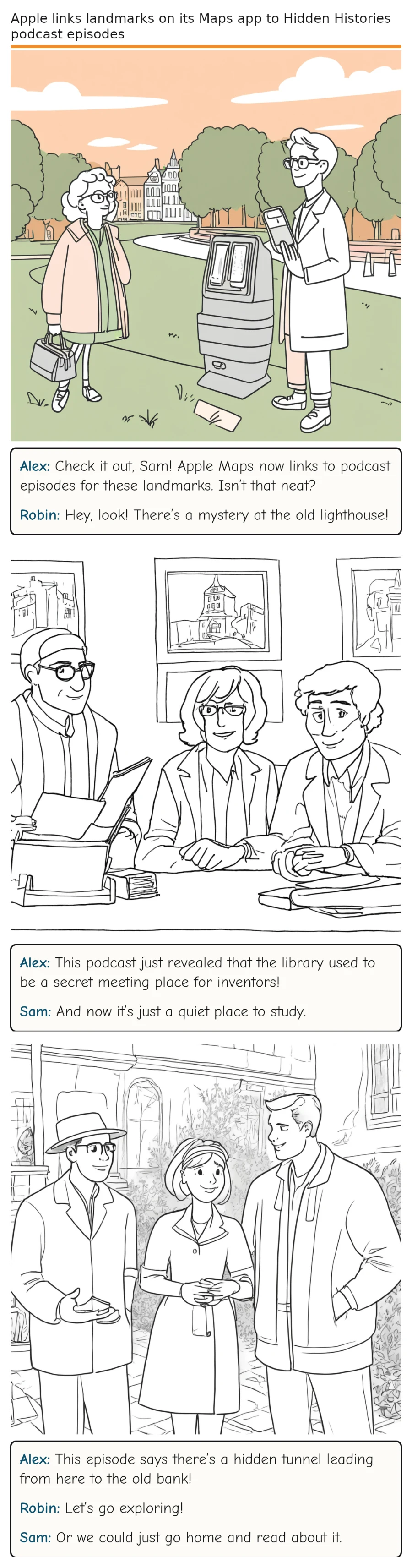 Apple links landmarks on its Maps app to Hidden Histories podcast episodes — comic strip
