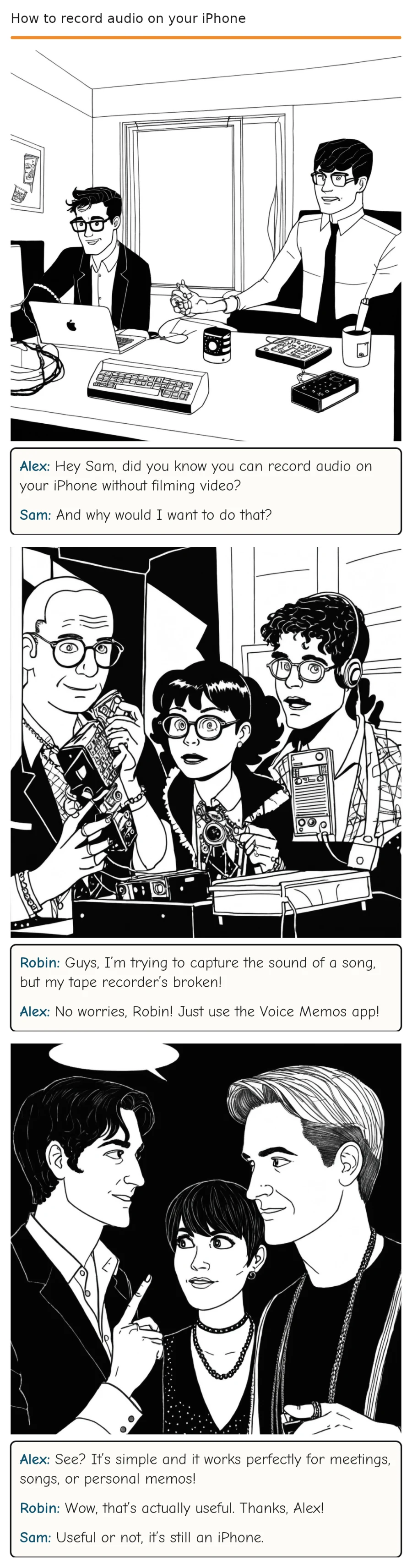 How to record audio on your iPhone — comic strip