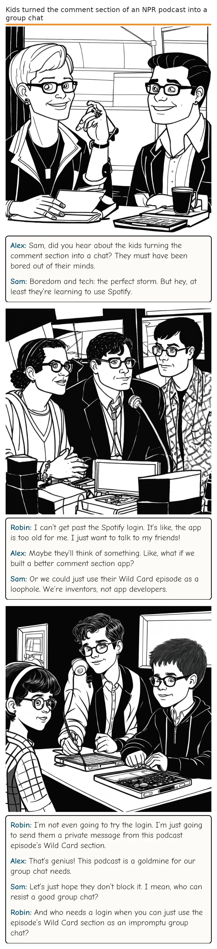 Kids turned the comment section of an NPR podcast into a group chat — comic strip
