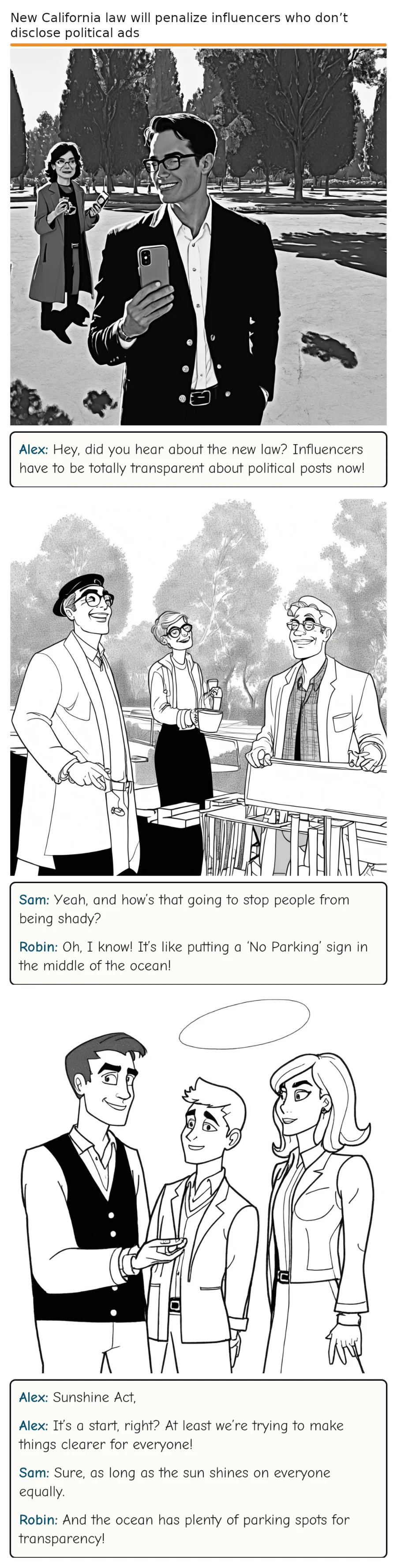 New California law will penalize influencers who don’t disclose political ads — comic strip