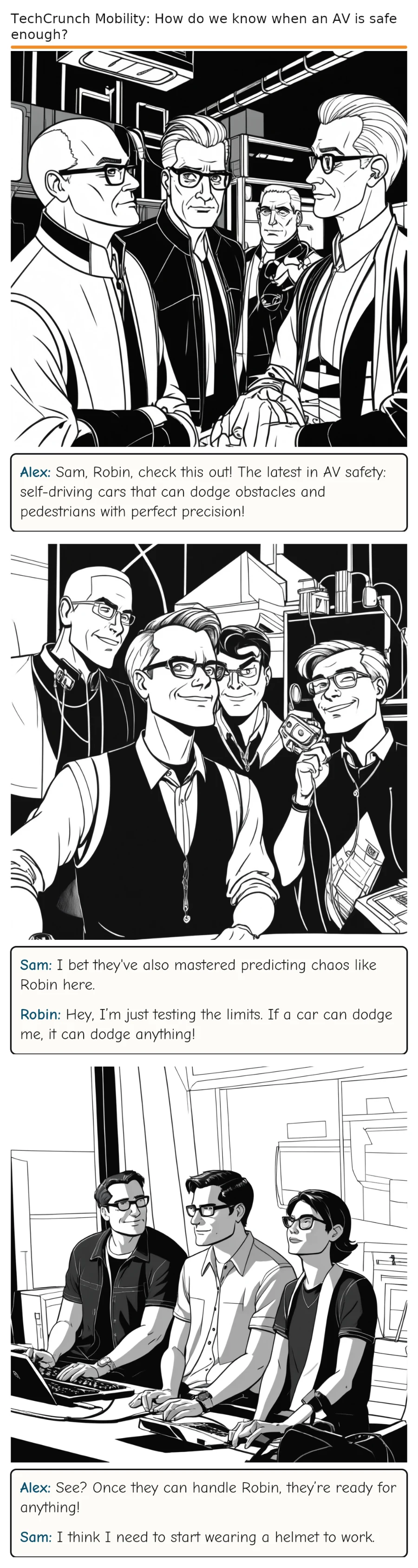 TechCrunch Mobility: How do we know when an AV is safe enough? — comic strip