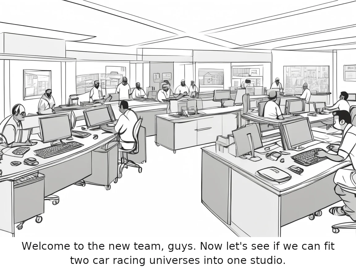Welcome to the new team, guys. Now let's see if we can fit two car racing universes into one studio.